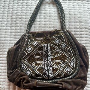 Isabella Fiore Brown and White Embroidered Shoulder Bag
